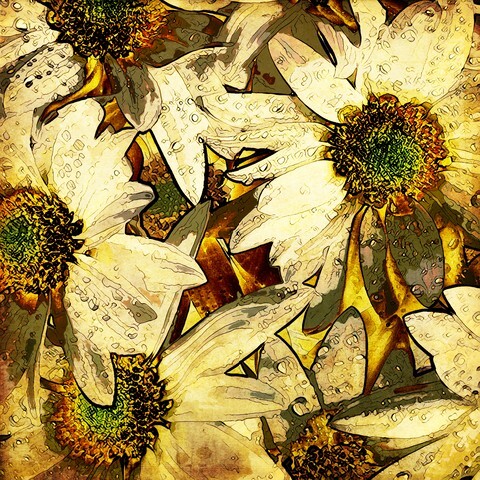 Art floral vintage colorful summer and autumn background with big gold and white chamomiles